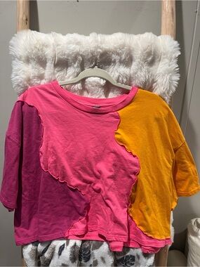 wild fable Colorblock Ruffle Cropped Tee - Hot Pink, Magenta & Mustard Yellow